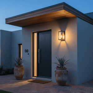 Bedford Outdoor Wall Light illuminating a modern entrance with potted plants and a dark door.