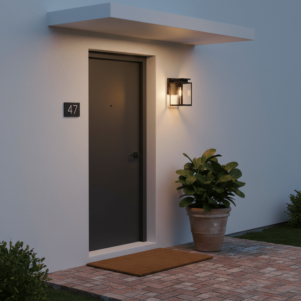 Outdoor wall light illuminating a front door area with a potted plant and welcome mat.