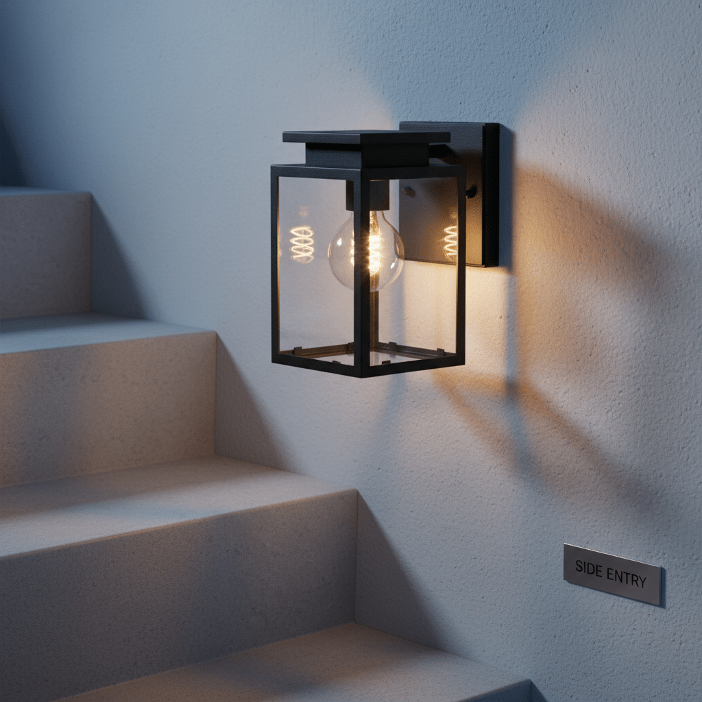 Bela-Bela outdoor wall light mounted beside stairs, illuminating the area with a warm glow.