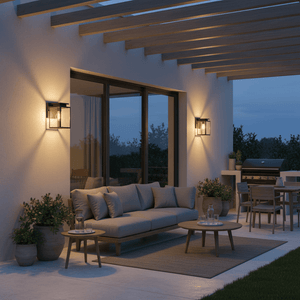 Outdoor scene featuring a stylish wall light illuminating a modern patio with seating and a grill.