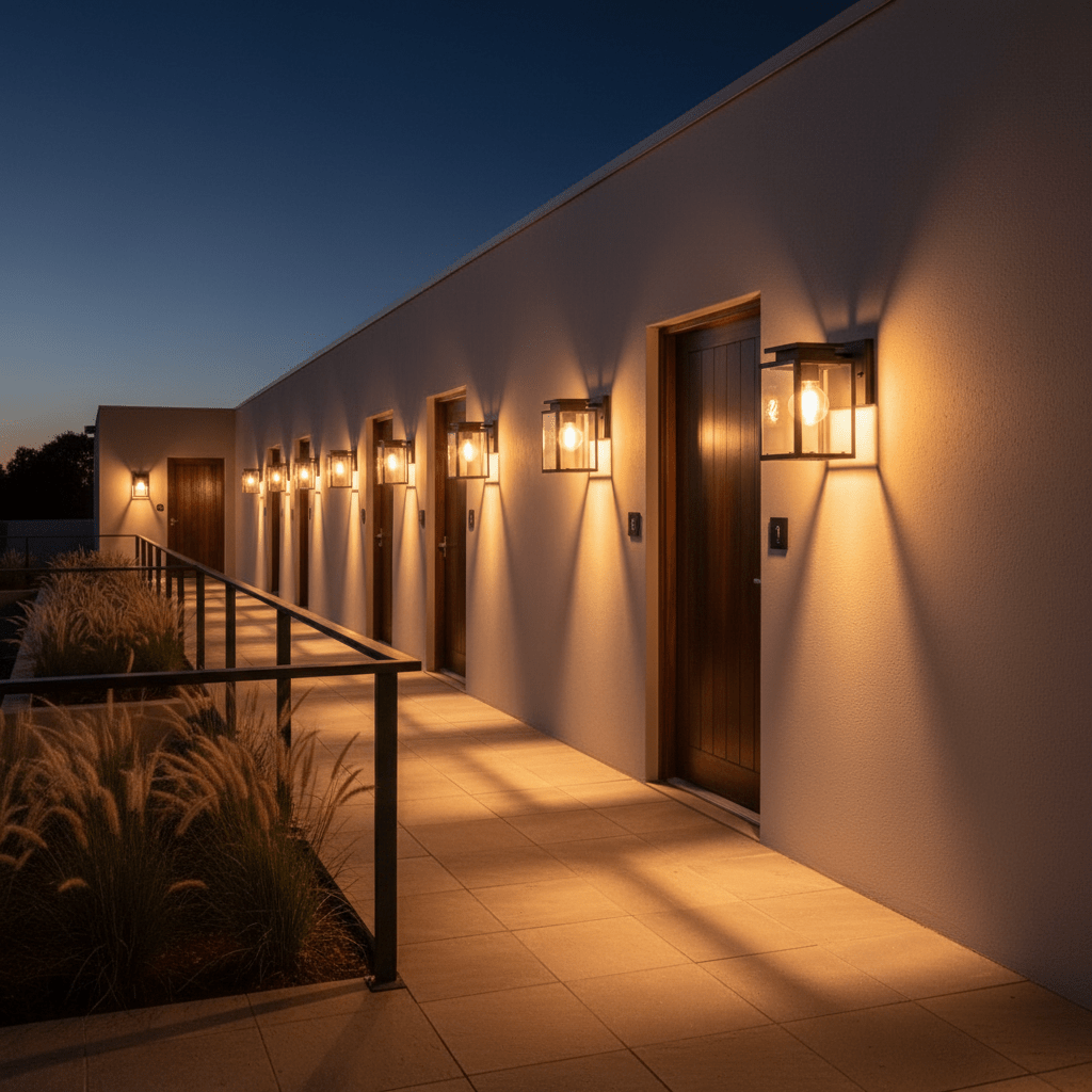 A row of outdoor wall lights illuminating a modern walkway with wooden doors at dusk.