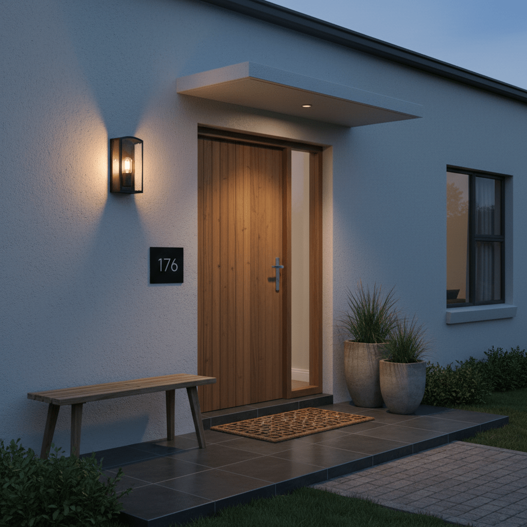 Matte black outdoor wall lantern with clear glass, lit, mounted beside a wooden door and house number 176 on a blue wall.