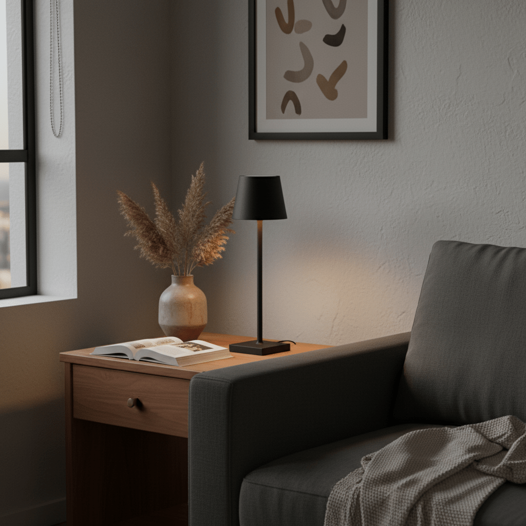 A black rechargeable table lamp on a wooden nightstand beside a gray sofa, with a vase and book.