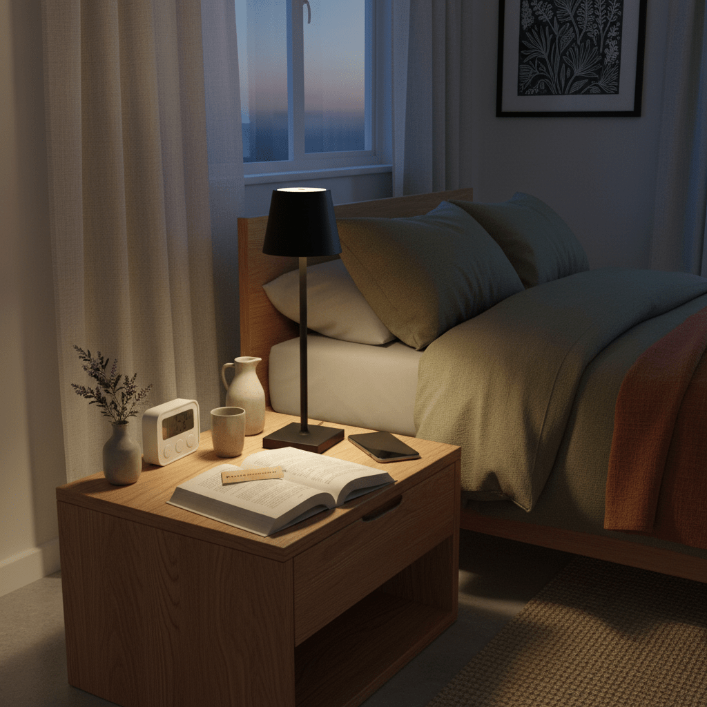 A black rechargeable table lamp on a bedside table, illuminating a book and phone in a cozy bedroom setting.