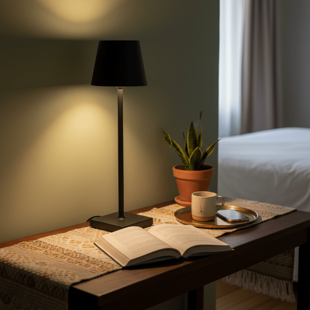 Black rechargeable table lamp illuminating a bedside table with a book, coffee cup, and plant.