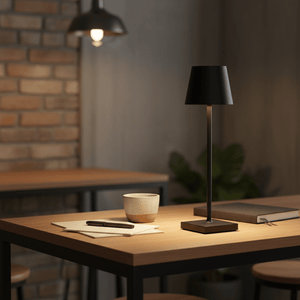 Black rechargeable table lamp on a wooden desk, surrounded by a cup, notebook, and pen.