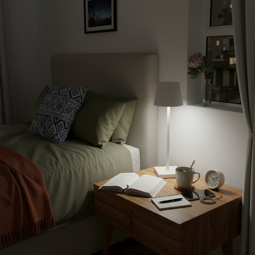 A white rechargeable table lamp illuminating a bedside table with a book, cup, and clock.