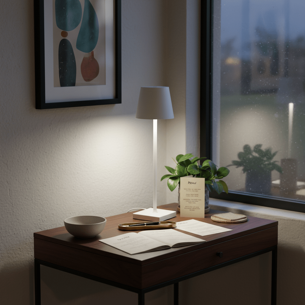 A white rechargeable table lamp on a wooden desk, illuminating an open book and a plant.