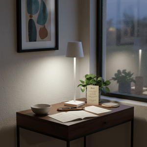 A white rechargeable table lamp on a wooden desk, illuminating an open book and a plant.