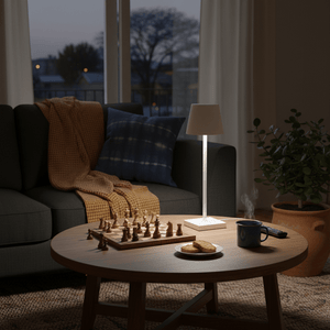 A white rechargeable table lamp illuminating a cozy living room scene with a chessboard, snacks, and a warm blanket.