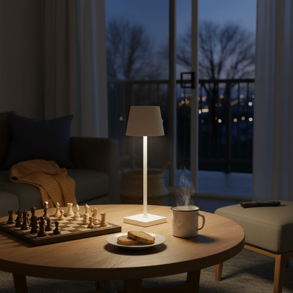 A white rechargeable table lamp on a wooden coffee table, surrounded by a chessboard, snacks, and a steaming mug.