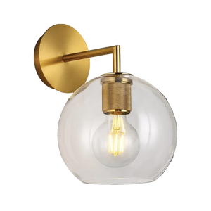 Gold wall light with a clear spherical glass shade and visible filament bulb