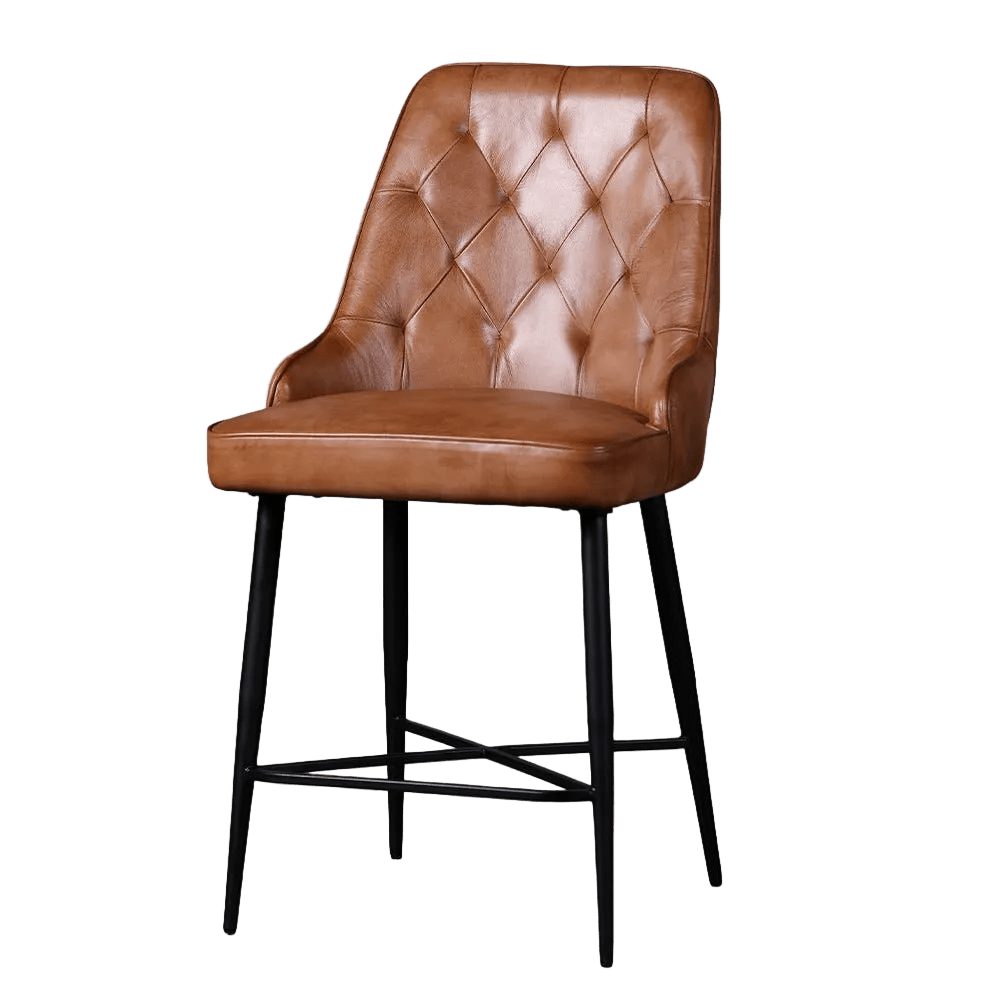 A brown leather counter chair with a tufted backrest and black metal legs.