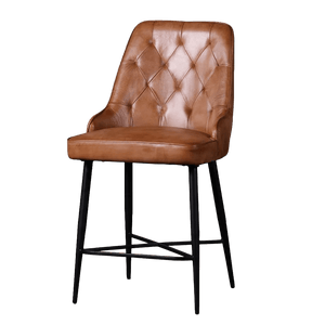 A brown leather counter chair with a tufted backrest and black metal legs.