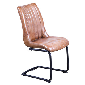 Light-brown buffalo leather dining chair with vertical stitching and black legs