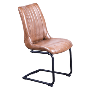 A brown leather dining chair with vertical stitching and a black metal frame, featuring a curved backrest and seat.