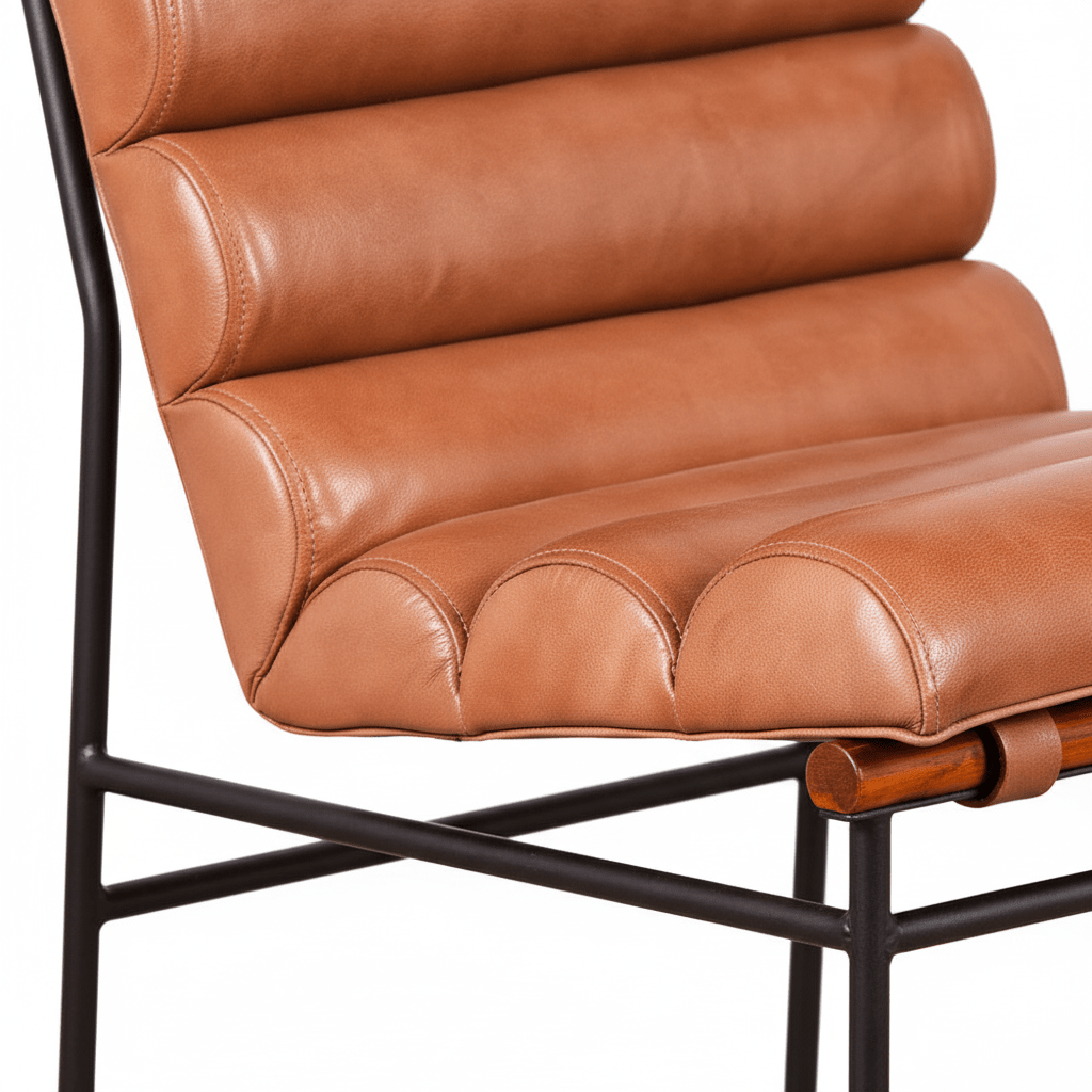 Close-up of the Buffalo Bliss Counter Chair showcasing its plush buffalo leather cushion and sleek metal frame.