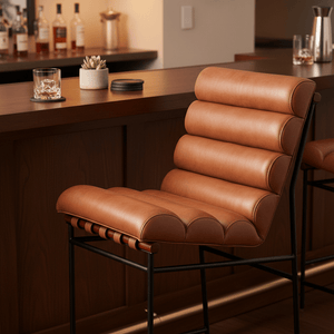 Buffalo Bliss Counter Chair featuring plush leather cushioning, positioned at a stylish bar counter.