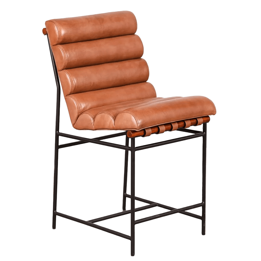 A brown leather counter chair with a ribbed backrest and a black metal frame.