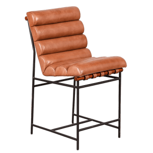 A brown leather counter chair with a ribbed backrest and a black metal frame.