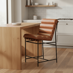 Buffalo Bliss Counter Chair with plush leather cushion at a modern kitchen island.