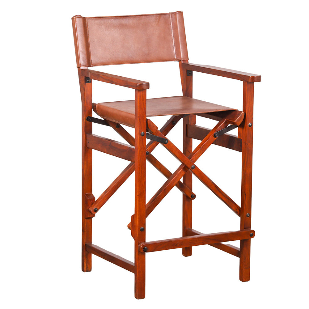 Acacia wood director counter chair with brown buffalo leather seat