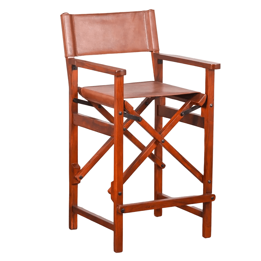 Acacia wood director counter chair with a brown leather seat and backrest, featuring a folding design.