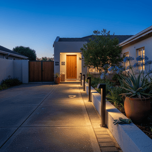 Sentry LED Bollard lights illuminating a pathway beside a modern home at dusk.