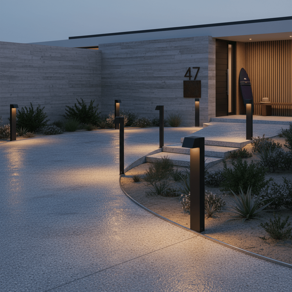 Sentry LED Bollard lights illuminating a modern pathway and steps at dusk, enhancing outdoor aesthetics.