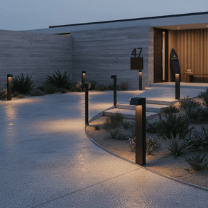 Sentry LED Bollard lights illuminating a modern pathway and steps at dusk, enhancing outdoor aesthetics.