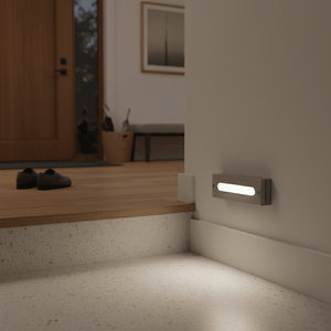 Wall-mounted rectangular LED step light with glowing eyelid bar, illuminating floor near a wooden step