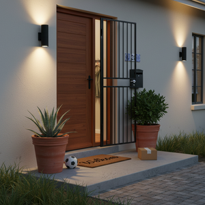 Outdoor scene featuring an Aluminium Up Down Wall Light illuminating a front entrance with plants and a welcome mat.