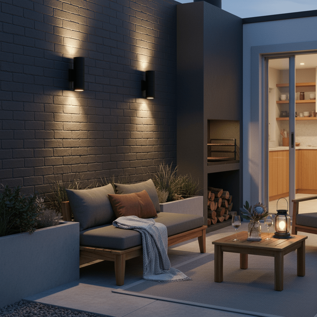 Modern outdoor space featuring two up-and-down wall lights illuminating a cozy seating area with plants and a table.