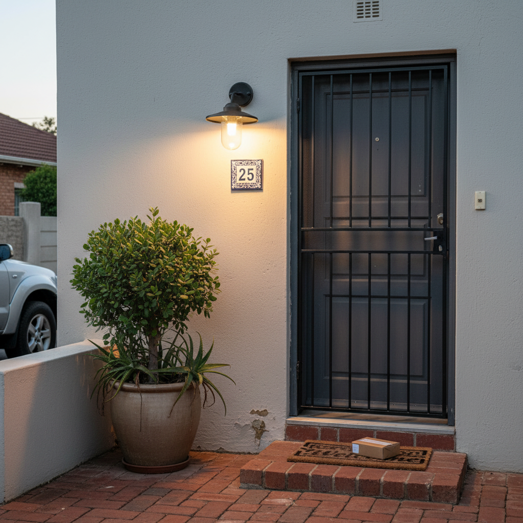 Black metal and glass outdoor wall light illuminating a front entrance with a potted plant and house number.