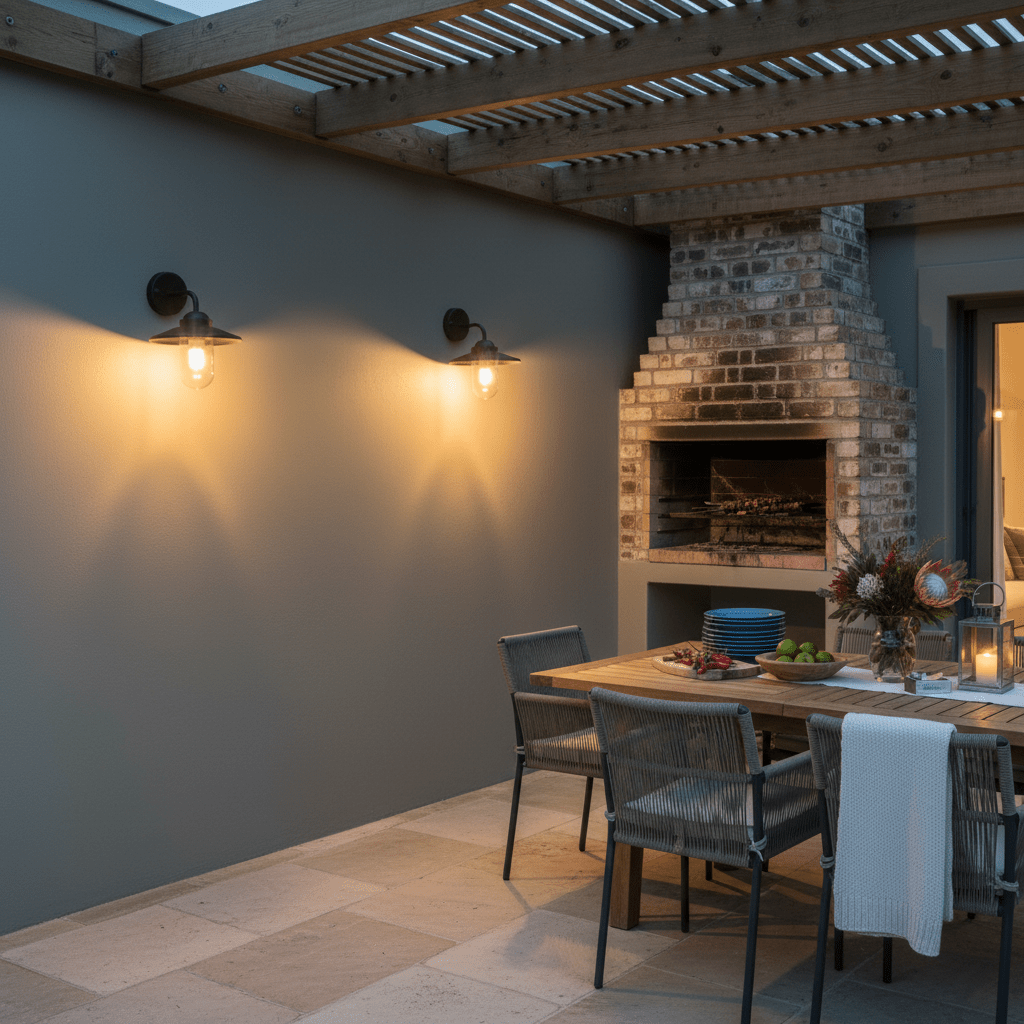 Black metal and glass outdoor wall lights illuminate a patio area with a dining table and fireplace.