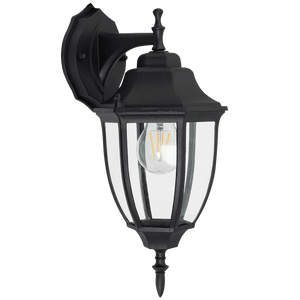 Black outdoor wall light fixture with clear glass on a white background