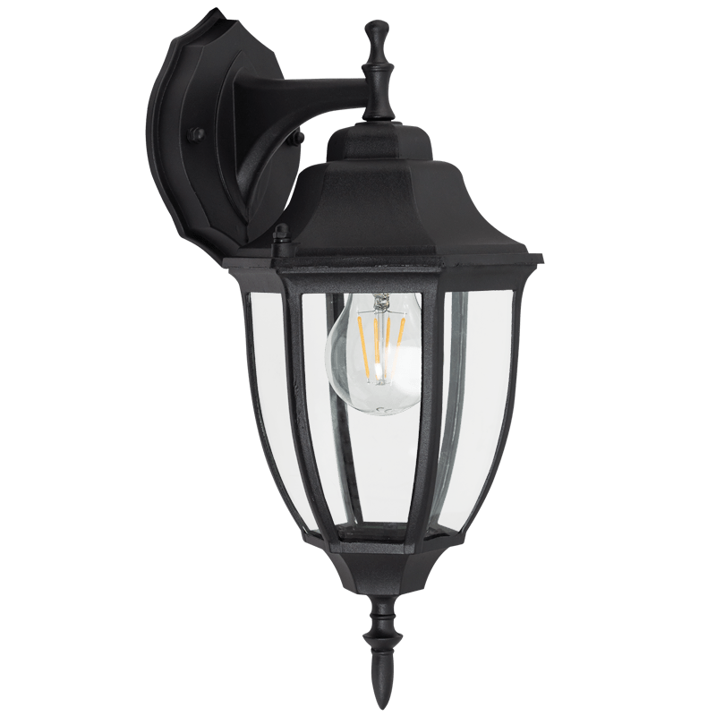 Black outdoor wall light fixture with clear glass on a white background