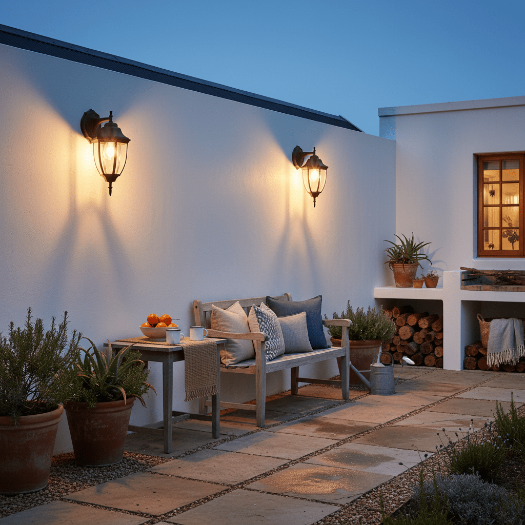 Elegant black outdoor wall lights illuminate a cozy patio with a wooden bench and potted plants.
