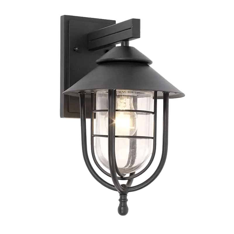 Black metal outdoor wall lantern with a glass shade, featuring a conical roof and decorative cage design.