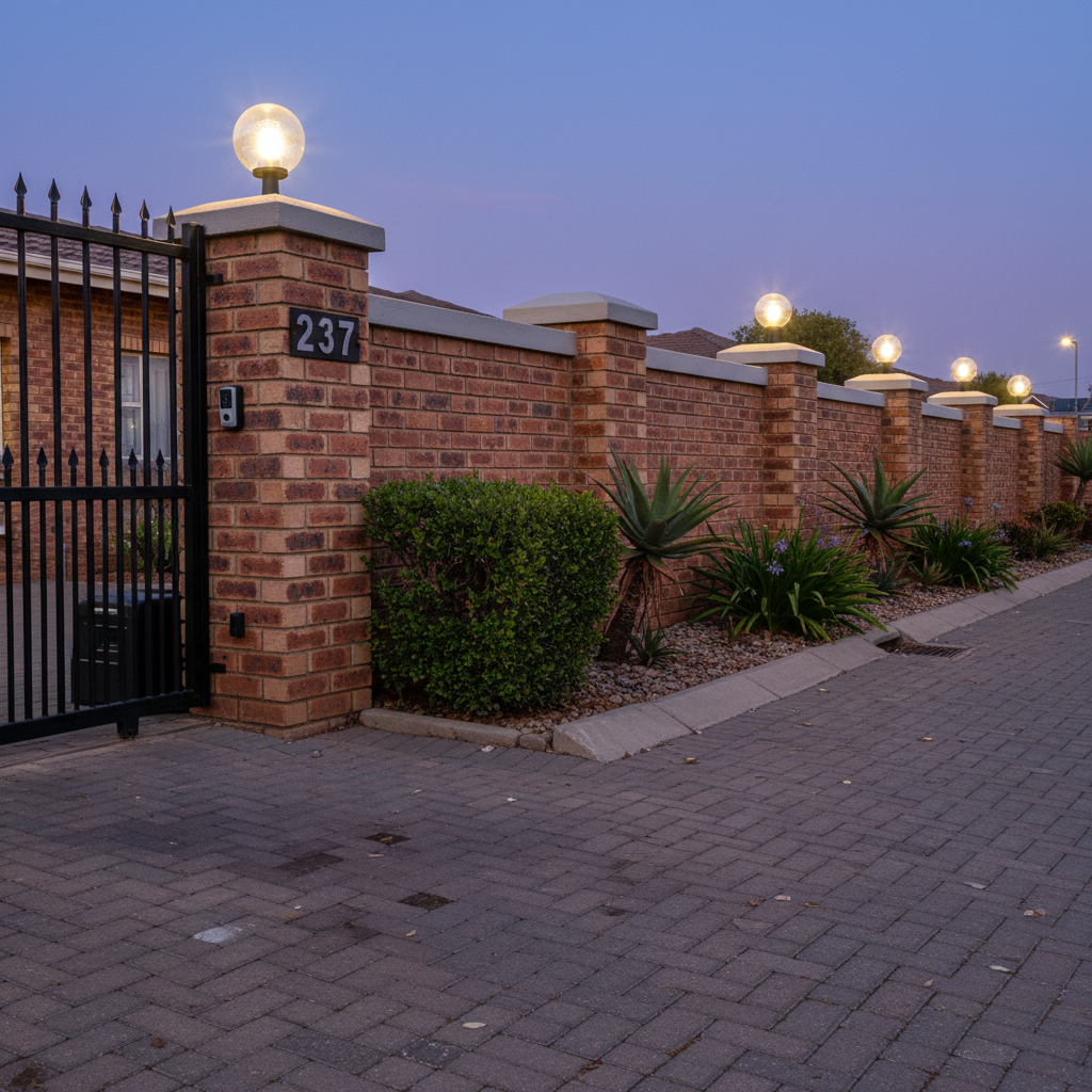 Outdoor scene featuring clear PVC pillar top lights atop brick columns along a pathway, enhancing visibility.