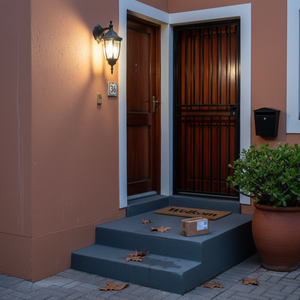 Outdoor wall light illuminating a front entrance with a welcome mat and package on the steps.
