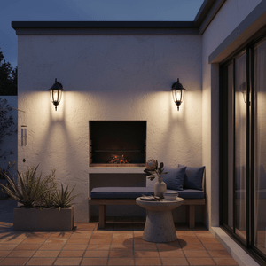 Outdoor scene featuring two black wall lights illuminating a cozy patio with a bench and fire pit.
