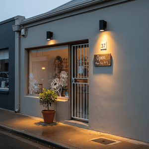 Outdoor wall light illuminating a shop entrance with a potted plant and an 'Open' sign.