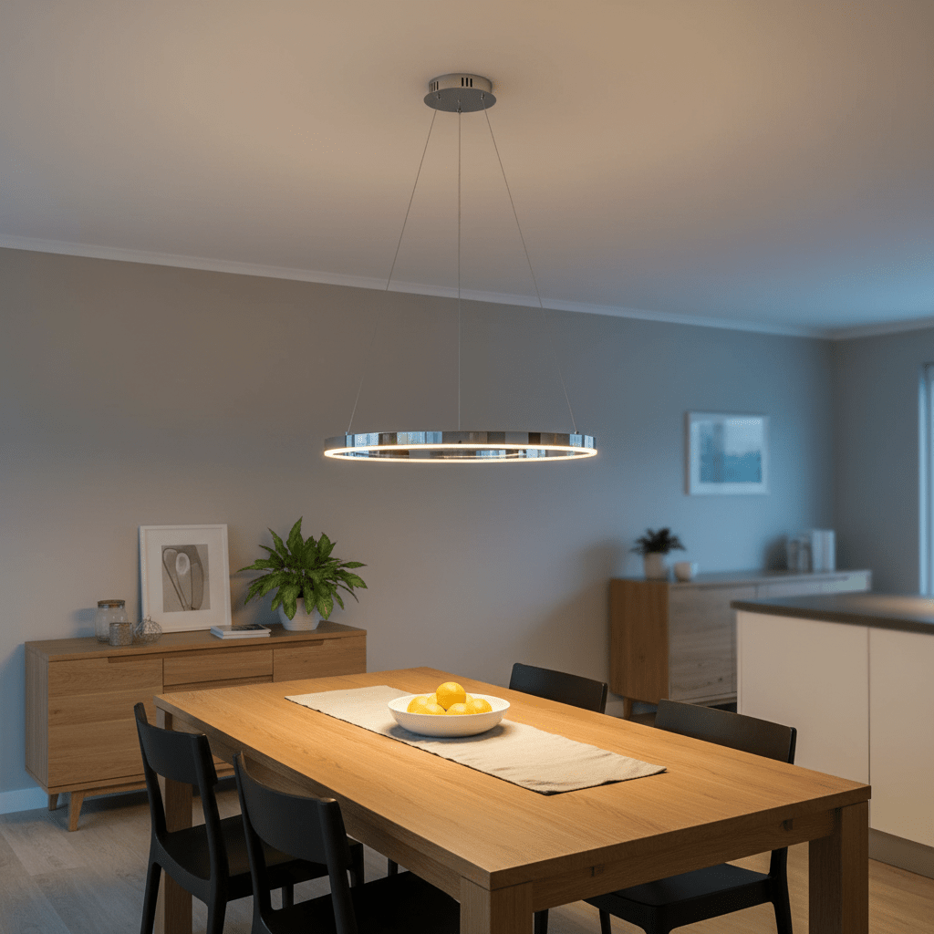 Chrome hoop LED pendant light hanging above a wooden dining table with a bowl of oranges.