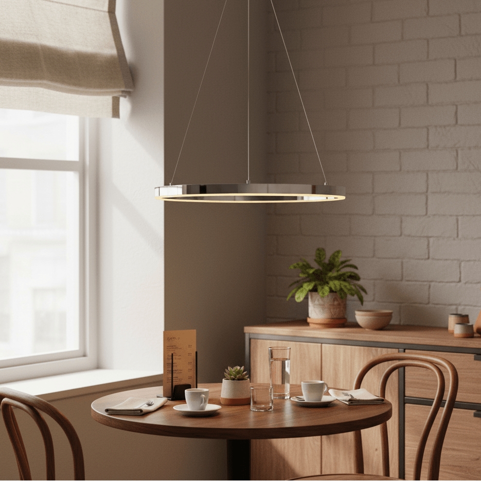 Chrome Hoop LED Pendant light hanging above a wooden dining table with coffee cups and plants.