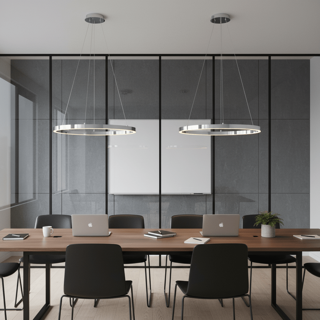 Two chrome hoop LED pendants hang above a modern conference table in a sleek office setting.