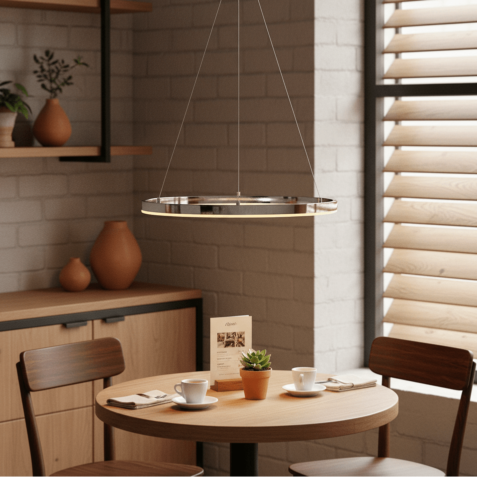 Chrome Hoop LED Pendant light hanging above a round wooden table with coffee cups and a small plant.