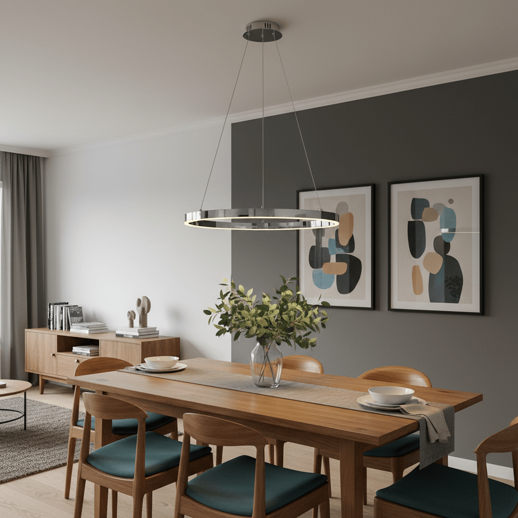 Chrome Hoop LED Pendant light hanging over a wooden dining table with a vase of greenery and decorative plates.