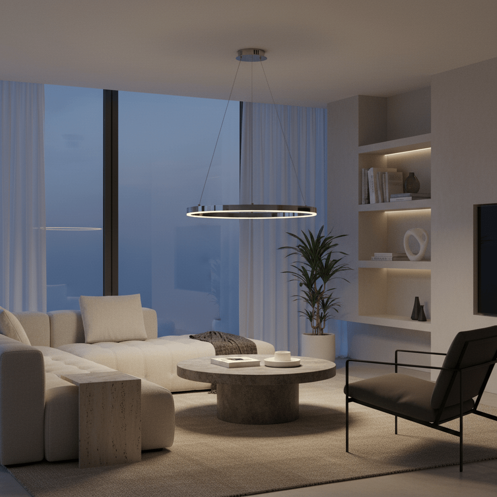 Chrome hoop LED pendant light hanging above a modern living room seating area with a round coffee table.