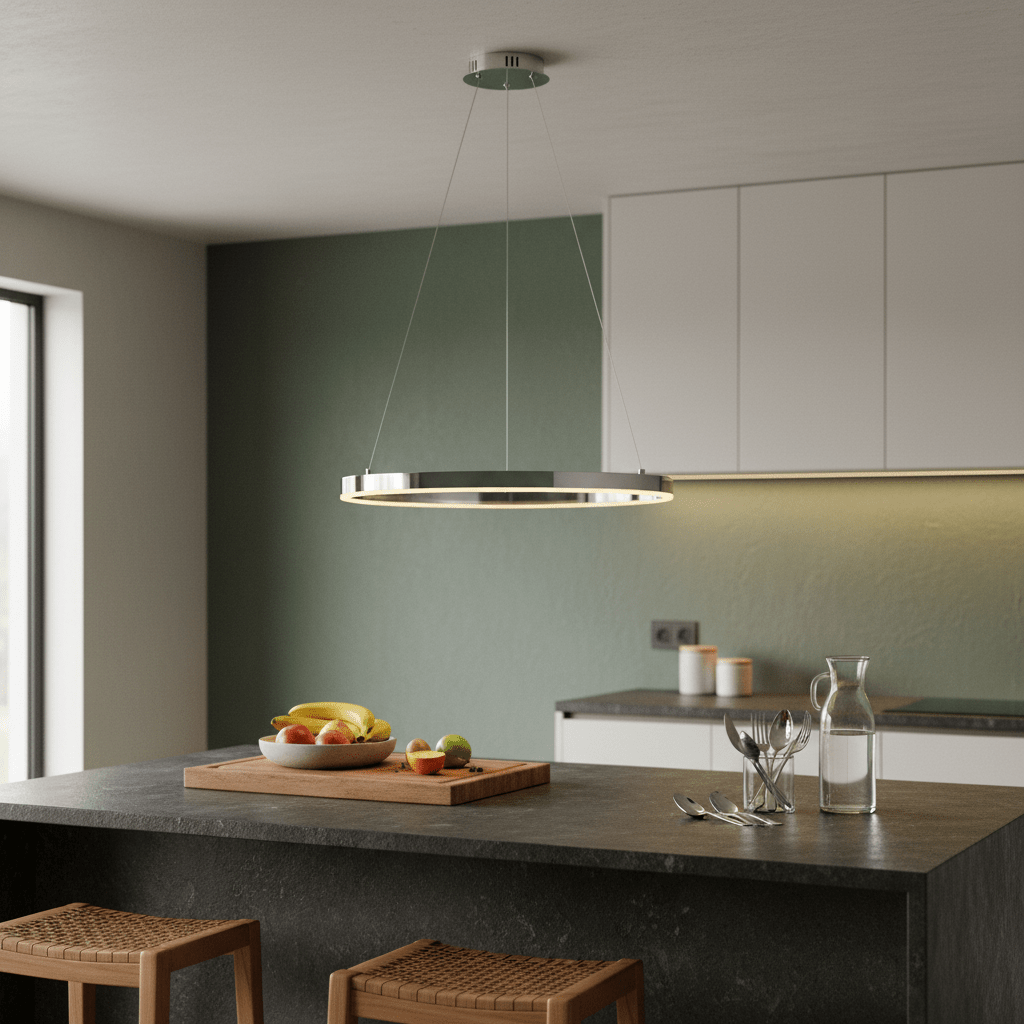 Chrome Hoop LED Pendant light hanging above a kitchen island with fruit bowl and utensils.
